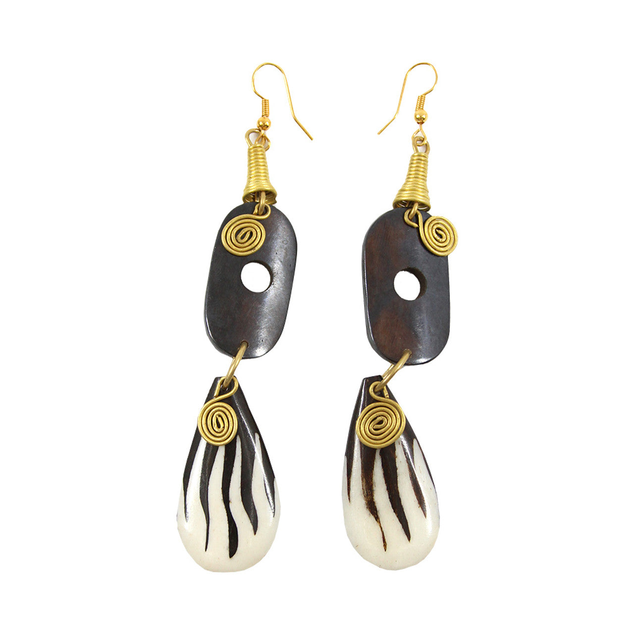 Kenyan Brass Spiral & Bone Artisan Earrings - Dark Brown & White