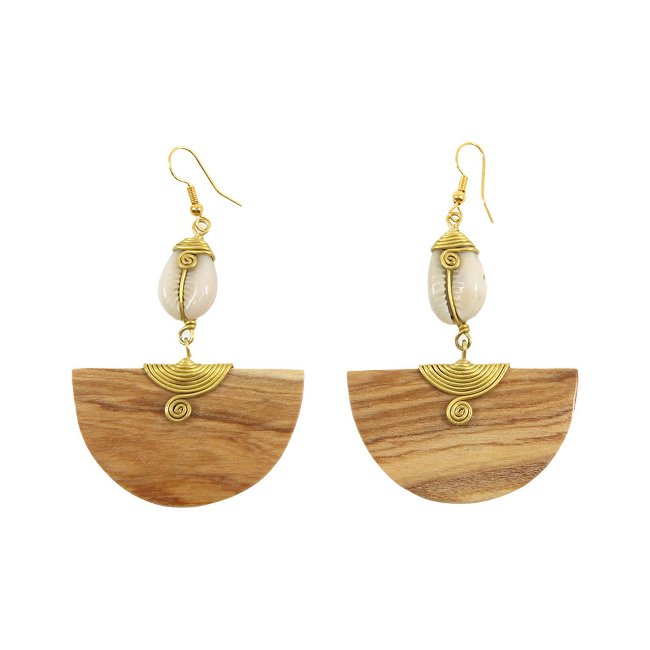 Kenyan Cowrie Brass & Wood Half- Moon Earrings